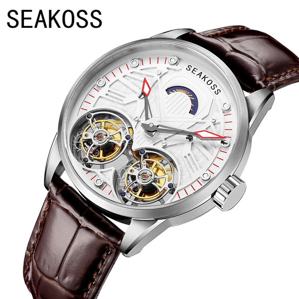 SEAKOSS Double Tourbillon Watch Men Top Luxury Sapphire Glass Skeleton Turbillon Mechanical Hand Wind Wristwatch Mens Fashion