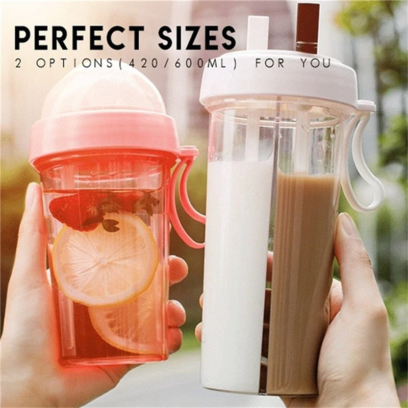 420/750ML Double Drinking Cup Double Straw Couple Water Mug Dual Purpose Portable Large Kettle Student Outdoor Water Bottle