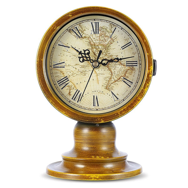 Metal Retro Table Clock Living Room Ornaments European World Map Double-sided Mute Desk Clock Desktop Decoration Desk Watch