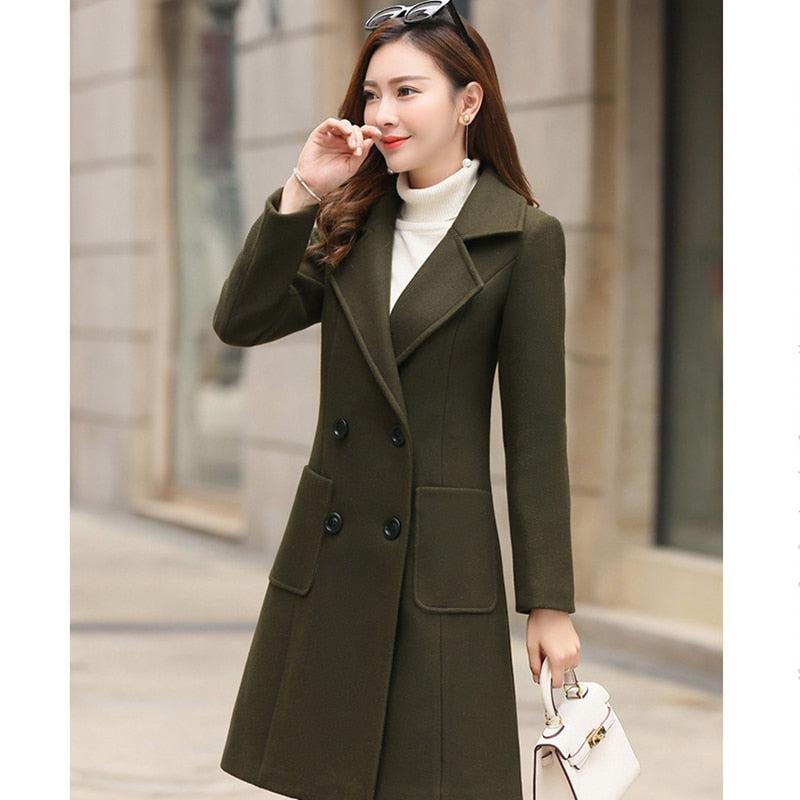 Woolen Coat Women Turn-Down Collar Double Breasted Coats Women 2021 Autumn Korean Slim Khaki Black Woolen Jacket Female LD1423