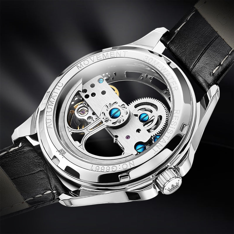 OLEVS Luxury Men Watches Automatic Mechanical Wristwatch Skeleton Design Waterproof Leather Strap Male Watch  Reloj Hombre