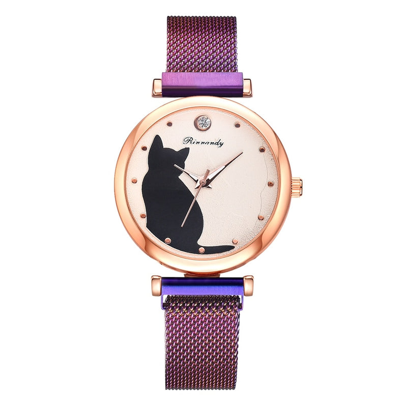 Fashion Watch Set Women 5pcs Quartz Wristwatch Mesh Bracelet Cat Dial Luxury Woman Watch Casual Ladies Clock Relogio Femenino