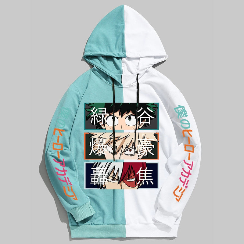 Anime My Hero Academia Hoodies Cool Shoto Todoroki Bakugou Deku Pullover Hooded Sweatshirt Patchwork Men&