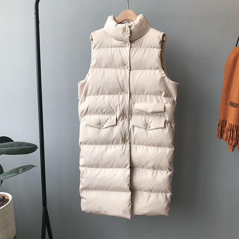 Autumn Winter Cotton Vest Women Ladies Casual Waistcoat Female Sleeveless Long Vest Jacket Slim Fit Warm Puffer Coat