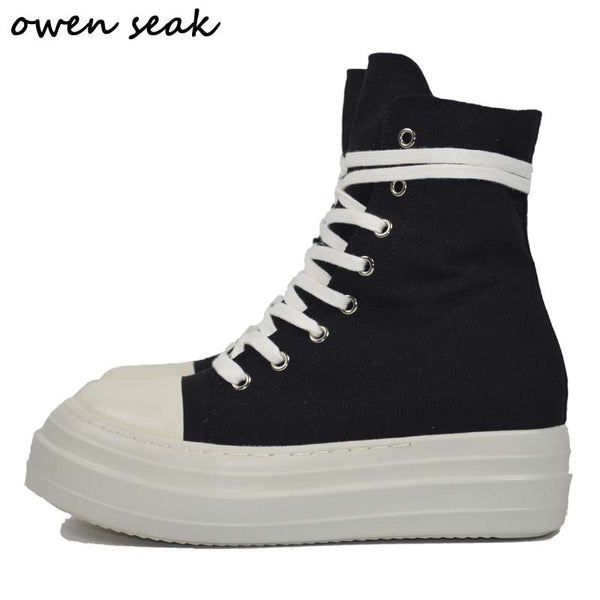 Owen Seak Women Canvas Shoes Luxury Trainers Platform Boots Lace Up Sneakers Casual Height Increasing Zip High-TOP Black PU Shoe