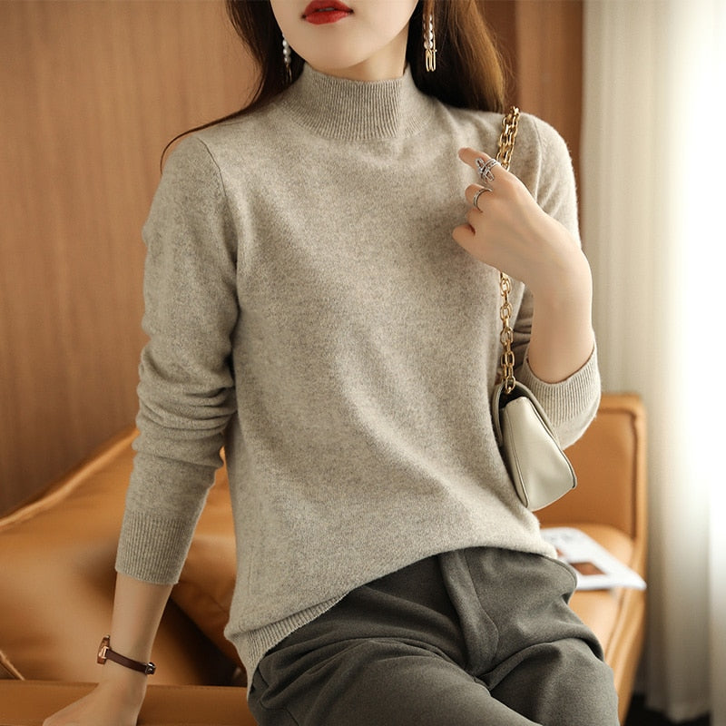 21 Autumn Winter New Half Turtleneck Sweater Women's Large Size Loose Basic Pure Color Wild Knitted Bottoming Shirt Soft Stretch