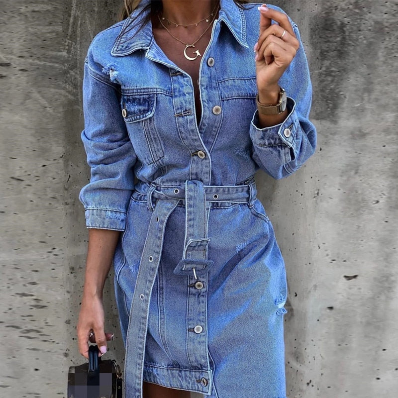 Women Casual blue Spring Denim Dress High Street TurnDown Collar Long sleeve Single pocket Dress 2021 Fashion Vintage Belt Dress