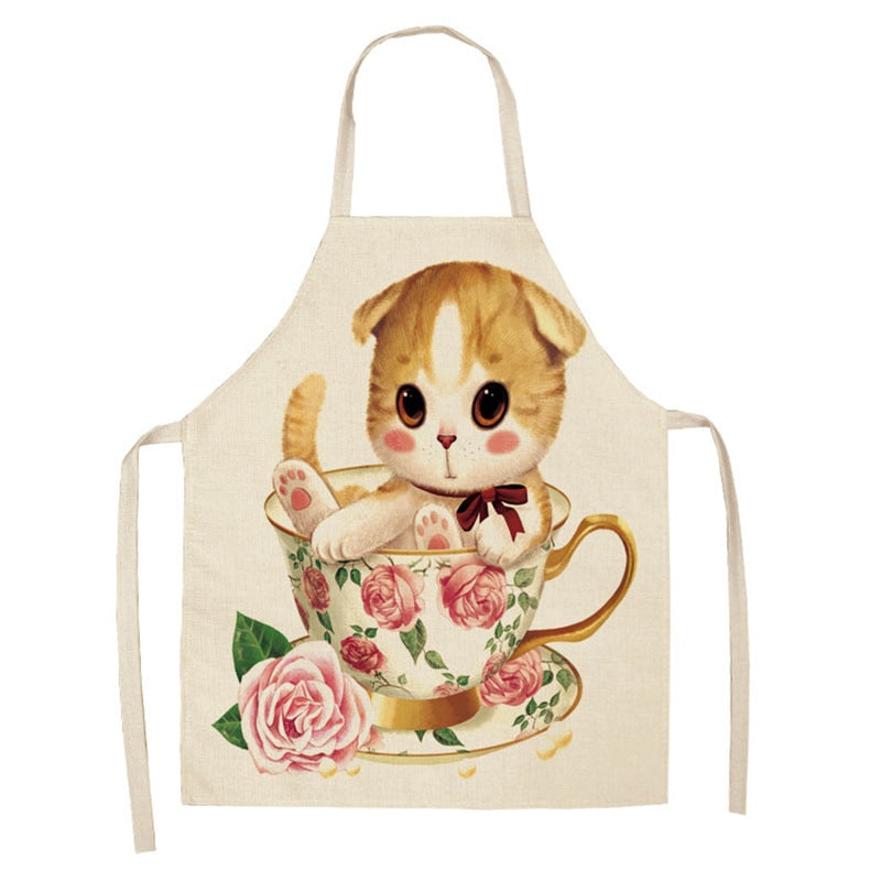 Kitchen Apron Home Cleaning Tools Cotton Linen Waterproof 68x55cm Sleeveless Waist Bib Easy Cleaning Cute Cartoon Cat Printed