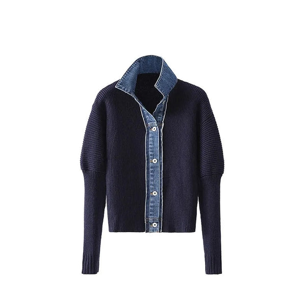 Korean Fashion Sweater Jacket Spring Autumn Denim Patchwork Knitted Cardigan Turn-Down Collar Single Breasted Vingtage Knit Coat