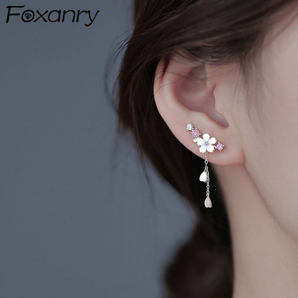 Foxanry Prevent Allergy Silver Color Stud Earrings for Women New Trendy Elegant Flowers Tassel Party Jewelry Wholesale