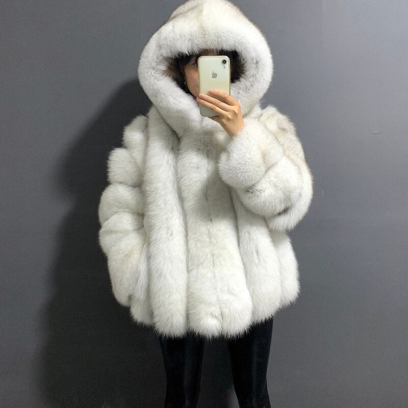 rf1991 Super Warm Women's Fashion Fox Fur Coat with Big Hood Genuine Leather Woman's Real Fur Jacket for Winter