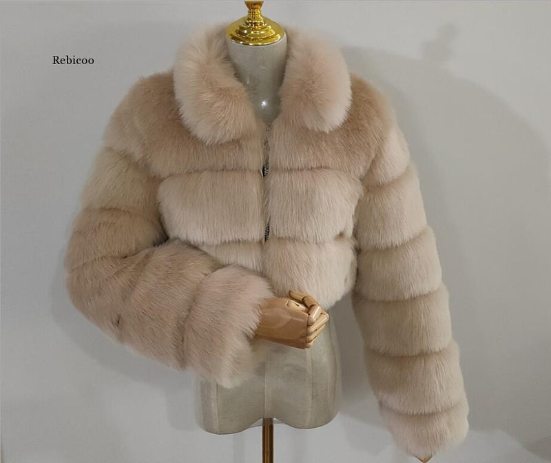 Cropped fur coat Woman's thick Fox Fur Coat Short Winter Style Fashion Women Furry Jacket Faux Fur Top