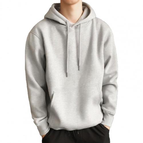 Men Hoodie Solid Color Ribbed Cuff Autumn Winter Drawstring Warm Sweatshirt for Daily Wear