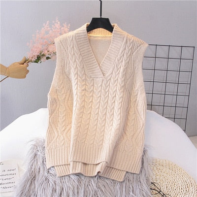 Autumn Women's Sweater Vest V-neck Sleeveless Irregular Casual Loose Knitted Pullover Tops Female Outerwear