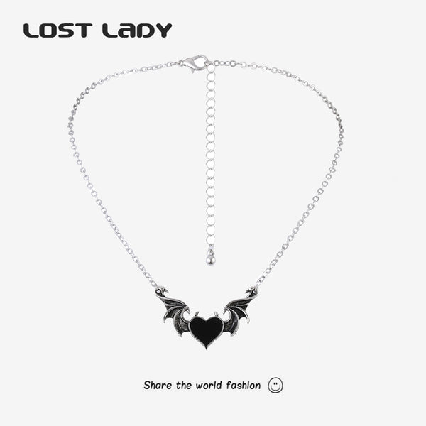 Lost Lady Fashion Necklace Women&#39;s Alloy Punk Style Hip-hop Black Devil Red Love Heart Pendant Necklace Party Gifts for Girls