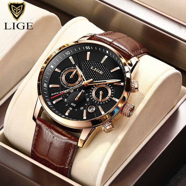 2022 New Mens Watches LIGE Top Brand Luxury Leather Casual Quartz Watch Men&