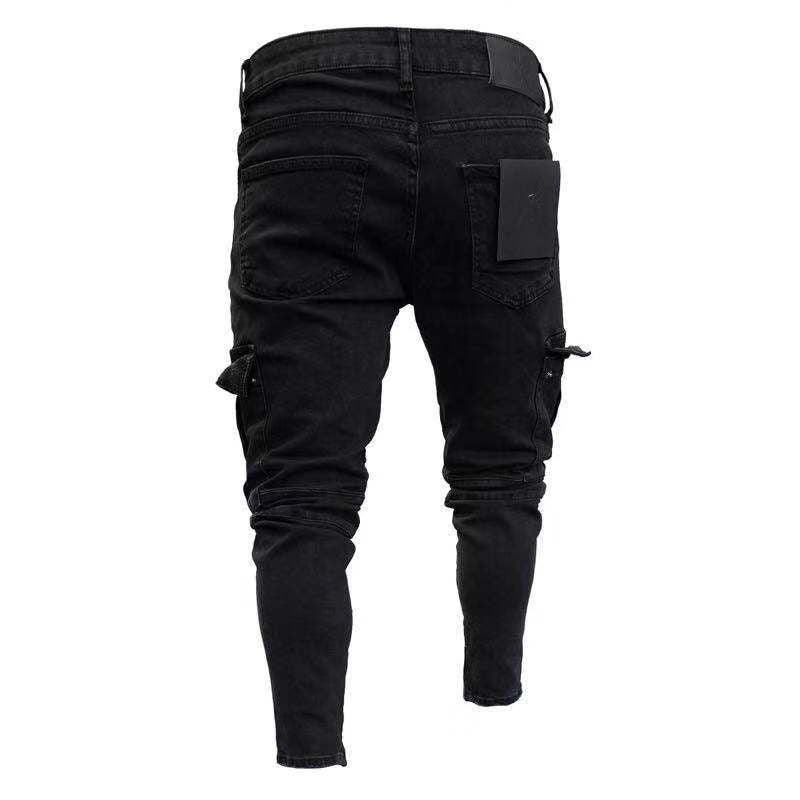 Men Slim Biker Ripped Long Denim Trousers Skinny Jeans pocket Young Man Jogging Pants Destroyed Stretchy-Black Pants