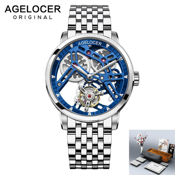 AGELOCER Men&#39;s Hollow Out Tourbillon Mens Watch Skeleton Movement Wristwatch Sapphire Luxury Watch For Men montre Bracelet homme