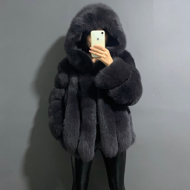 rf1991 Super Warm Women's Fashion Fox Fur Coat with Big Hood Genuine Leather Woman's Real Fur Jacket for Winter