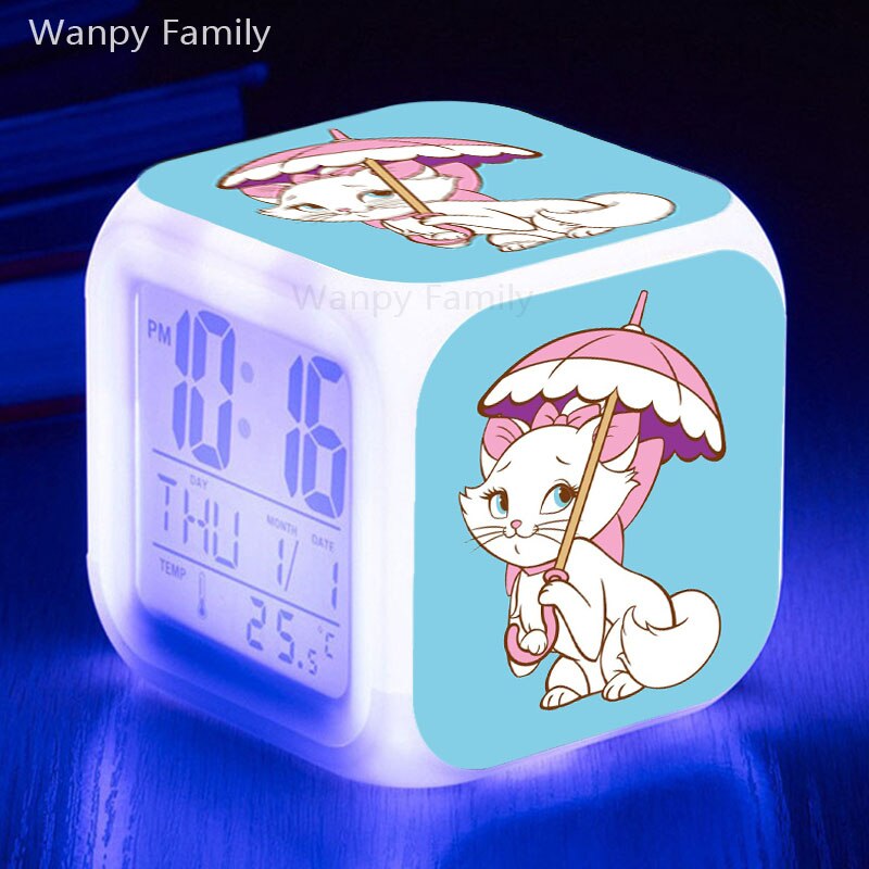 Cute Marie Cat Alarm Clock 7 Color Glowing LED Digital Clock Kids Room Touch Sensing Small Night Lamp Desk Clock Gift For Child