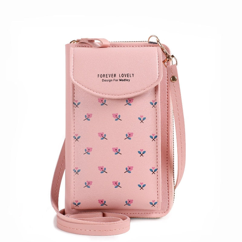 2022 Women Wallet Flower Print Leather Shoulder Straps Shoulder Bag Mobile Phone Big Card Holders Wallet Handbag Pockets Girls