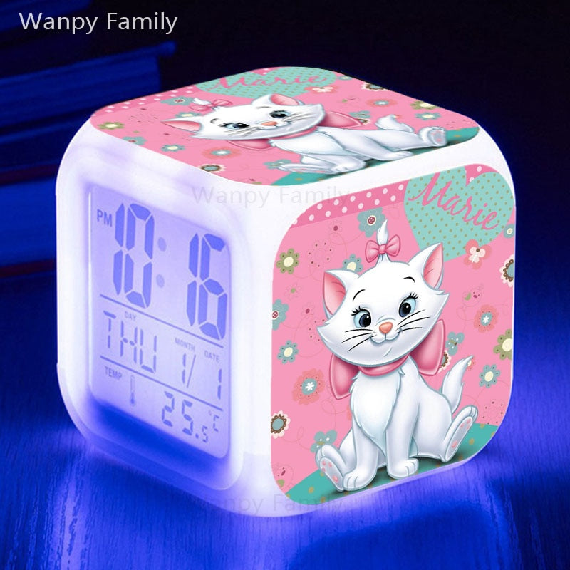 Cute Marie Cat Alarm Clock 7 Color Glowing LED Digital Clock Kids Room Touch Sensing Small Night Lamp Desk Clock Gift For Child