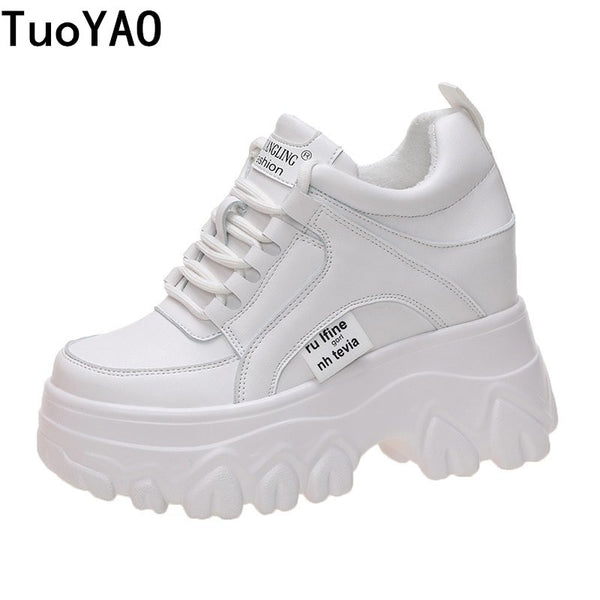 Women Leather Platform Sneakers Spring Trainers White Shoes 9CM High Heels Wedge Outdoor Sport Shoes Breathable Casual Shoes New
