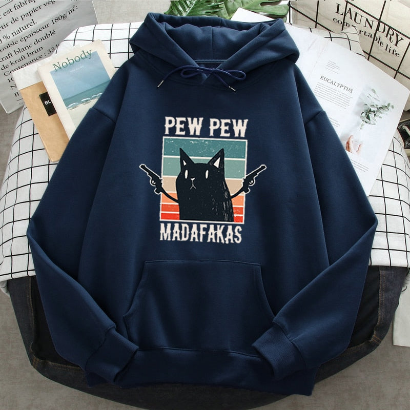 Pew Pew Madafakas Black Cat Funny Print Mens Hoodie Harajuku Ullzang Streetwear Anime Sweatshirt Warm Casual Oversized Hoody