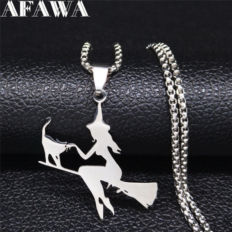 Witch Broom Cat Stainless Steel Necklace Women Witchcraft Silver Color Witches&