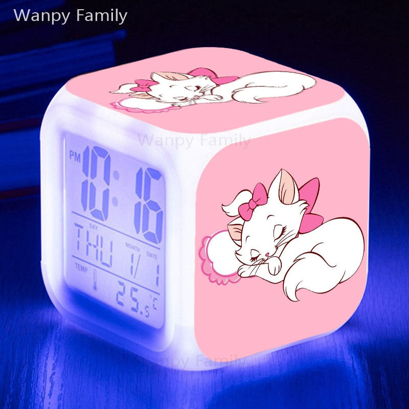 Cute Marie Cat Alarm Clock 7 Color Glowing LED Digital Clock Kids Room Touch Sensing Small Night Lamp Desk Clock Gift For Child