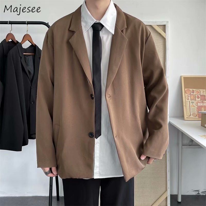 Casual Blazers Men Loose S-3XL Solid Color Single Breasted Retro Japan Style Artsy Office Notched Collar Popular Interview Suits