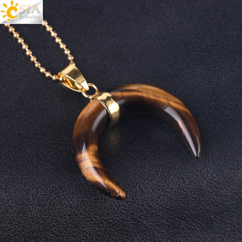 CSJA Natural Stones Crescent Moon Necklaces Pendants Purple Crystal Pink Quartz White Stone Gold Color Reiki Women F306