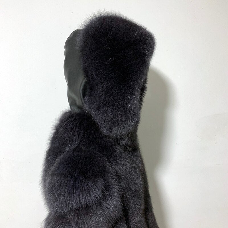 rf1991 Super Warm Women's Fashion Fox Fur Coat with Big Hood Genuine Leather Woman's Real Fur Jacket for Winter