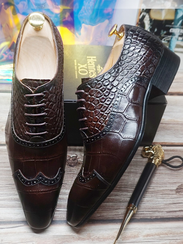 Elegant Men's Leather Shoes Lace up Cap Toe Brown Black Crocodile Prints Dress Formal Shoes Wedding Office Oxford Shoes For Men