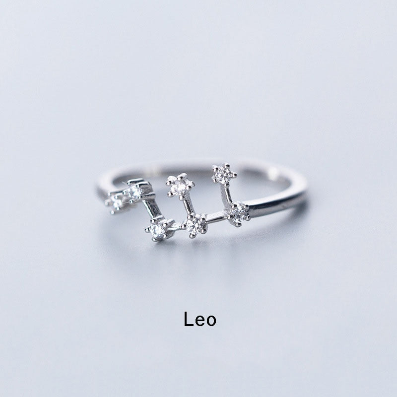 New Minimalist Inlaid Cubic Zircon 12 Constellation Zodiac Sign Rings for Women Simple Silver Color Adjustable Ring Jewelry Gift