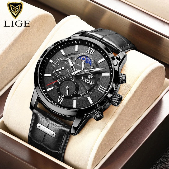 2022 New Mens Watches LIGE Top Brand Luxury Leather Casual Quartz Watch Men&