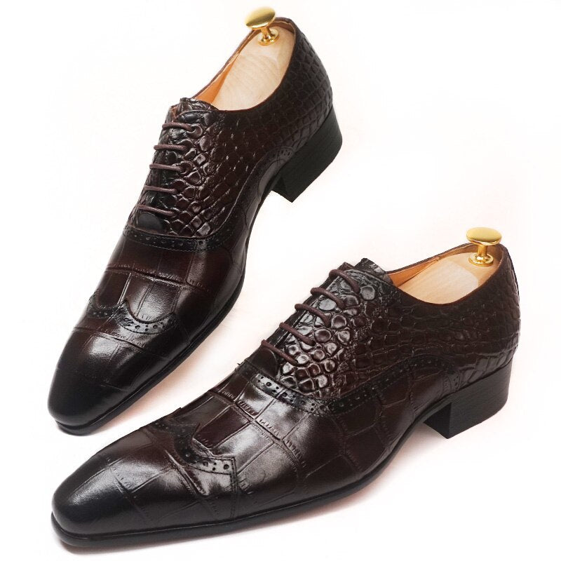 Elegant Men's Leather Shoes Lace up Cap Toe Brown Black Crocodile Prints Dress Formal Shoes Wedding Office Oxford Shoes For Men