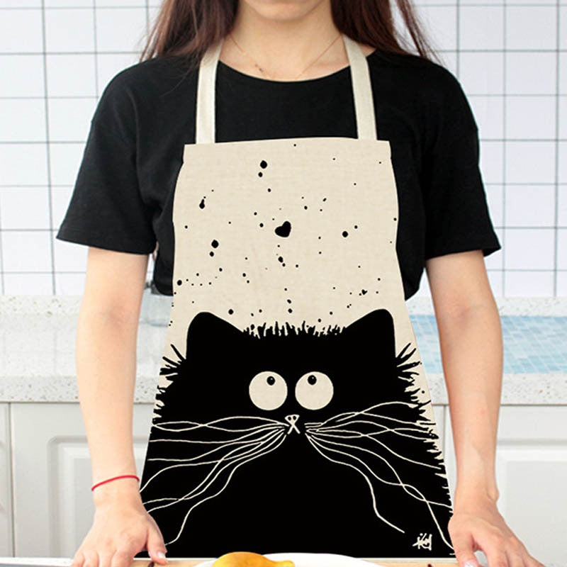 Kitchen Apron Home Cleaning Tools Cotton Linen Waterproof 68x55cm Sleeveless Waist Bib Easy Cleaning Cute Cartoon Cat Printed