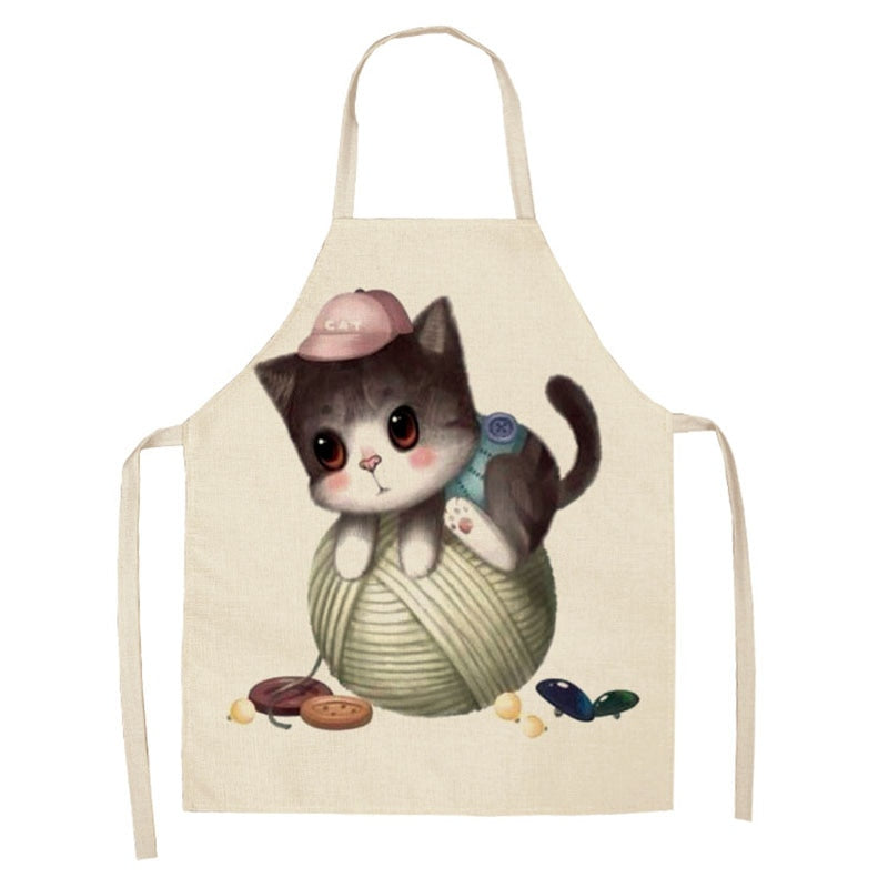 Kitchen Apron Home Cleaning Tools Cotton Linen Waterproof 68x55cm Sleeveless Waist Bib Easy Cleaning Cute Cartoon Cat Printed