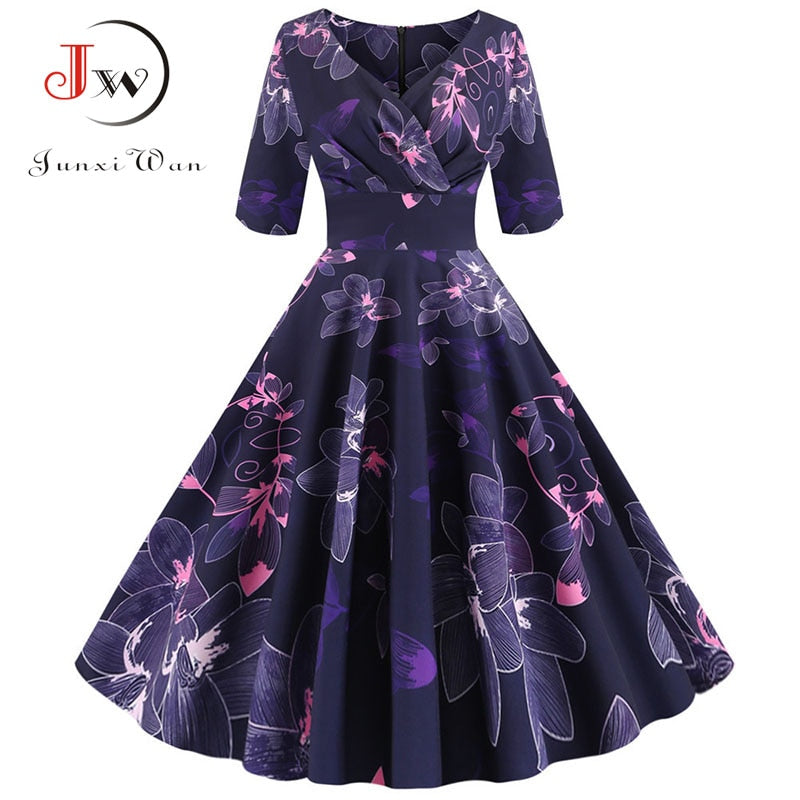 Women Summer Dress Casual Half Sleeve Elegant Vintage Office Party Floral Print Midi Sundress vestidos