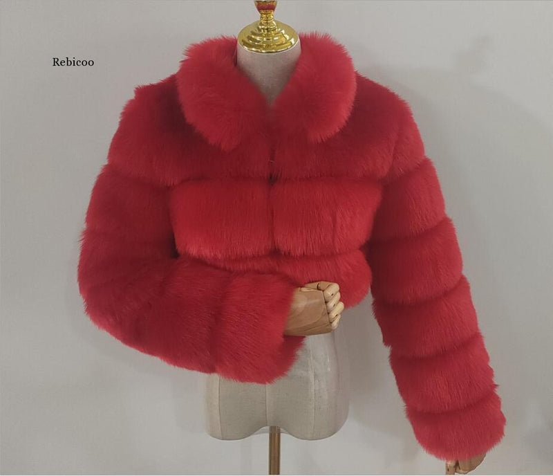 Cropped fur coat Woman's thick Fox Fur Coat Short Winter Style Fashion Women Furry Jacket Faux Fur Top