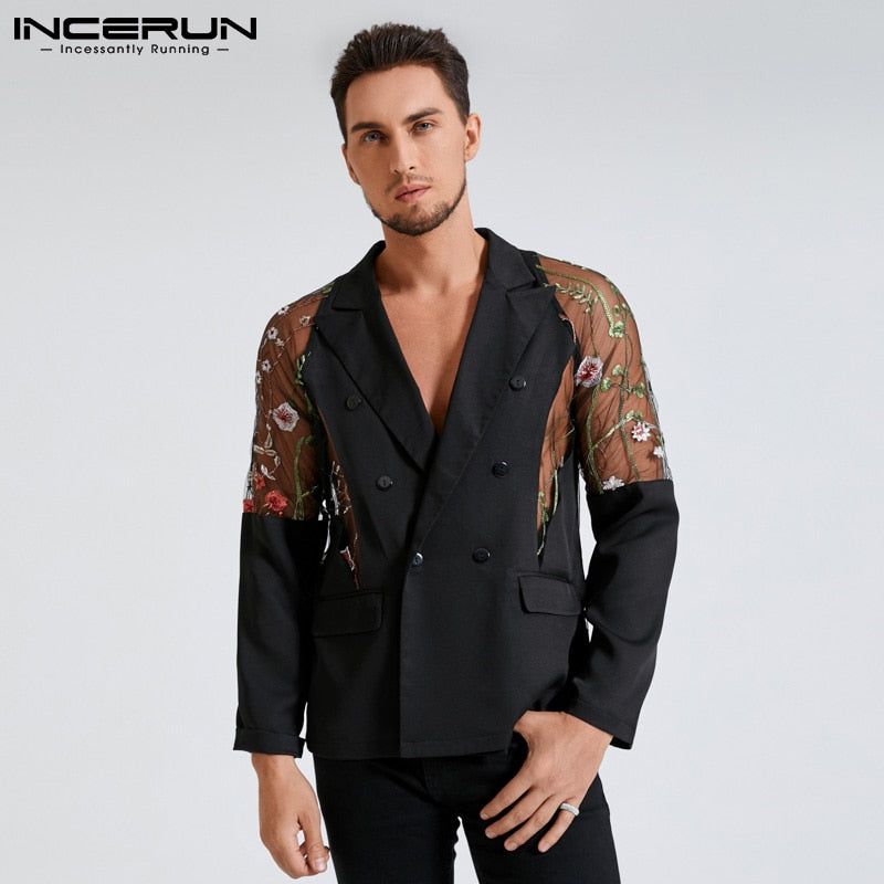 Men Blazer Mesh Patchwork See Through Streetwear Double Breasted Lapel Long Sleeve Outerwear Fashion Men Casual Suits INCERUN