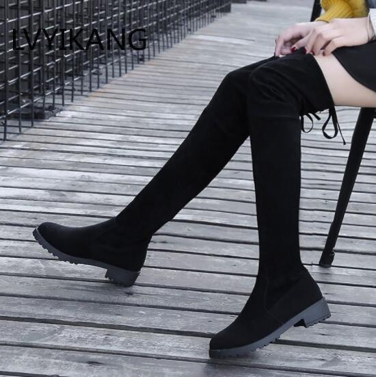 NAUSK Thigh High Boots Female Winter Boots Women Over The Knee Boots Flat Stretch Sexy Fashion Shoes 2018 Black Botas Mujer