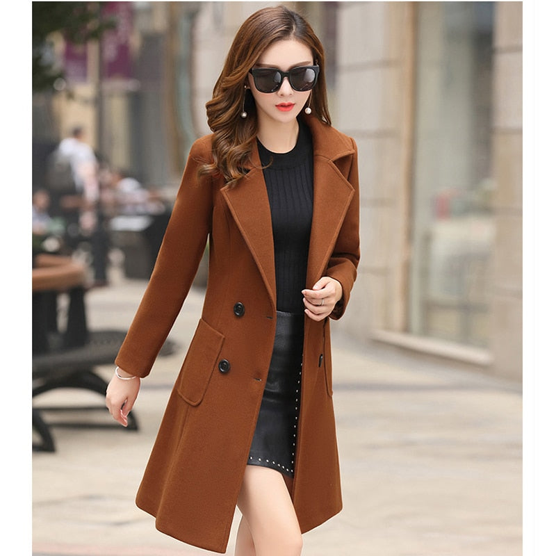 Woolen Coat Women Turn-Down Collar Double Breasted Coats Women 2021 Autumn Korean Slim Khaki Black Woolen Jacket Female LD1423