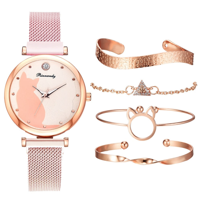 Fashion Watch Set Women 5pcs Quartz Wristwatch Mesh Bracelet Cat Dial Luxury Woman Watch Casual Ladies Clock Relogio Femenino