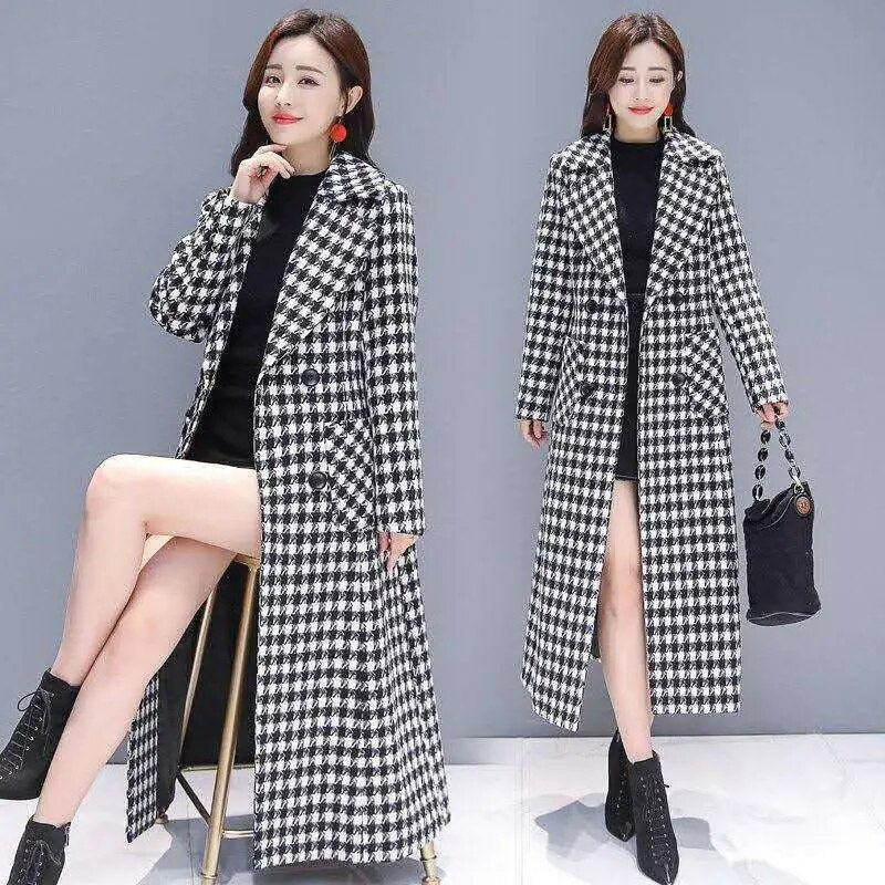 2022 New Plaid Woolen Coat Women Jacket Coat Mid-length Long Coat Temperament Houndstooth Woolen Coat Slim Fit Overcoat Outerwea