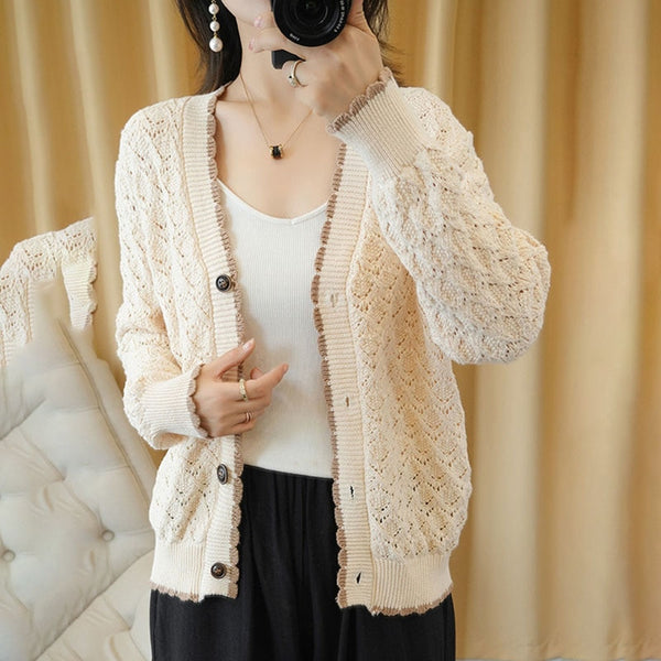 Holoow out lace plus size Knitted cardigan Women Korean slim long sleeve sweater Vintage Knitting tops Spring Sunscreen Shirt