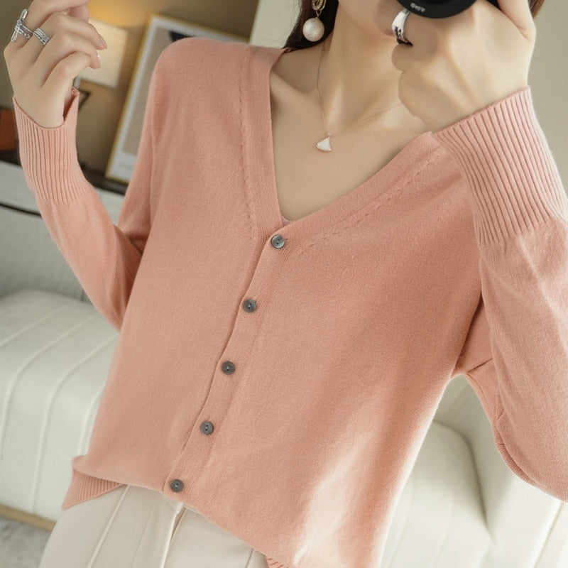 Spring Autumn New V-Neck Knitted Cardigan Women's Loose Large Size Thin Sweater All-Match Jacket Pure Color Basic Small Cardigan