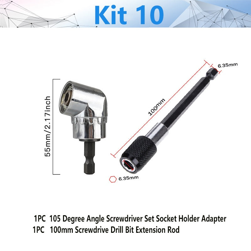 Adjustable 105 Degree Right Angle Driver Screwdriver  Tools Set 1/4 Hex Shank For Power Drill Screwdriver Bits Tools