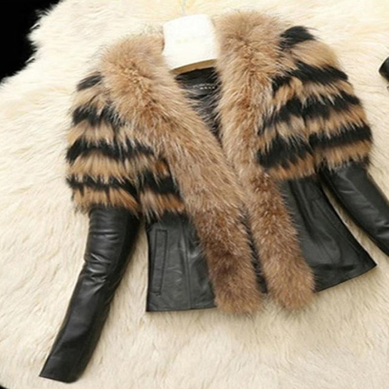 2022 Autumn Winter Women's Faux Fur Coat Jacket Female Slim Fit PU Leather Fur Coats Fluffy Outerwear Jackets